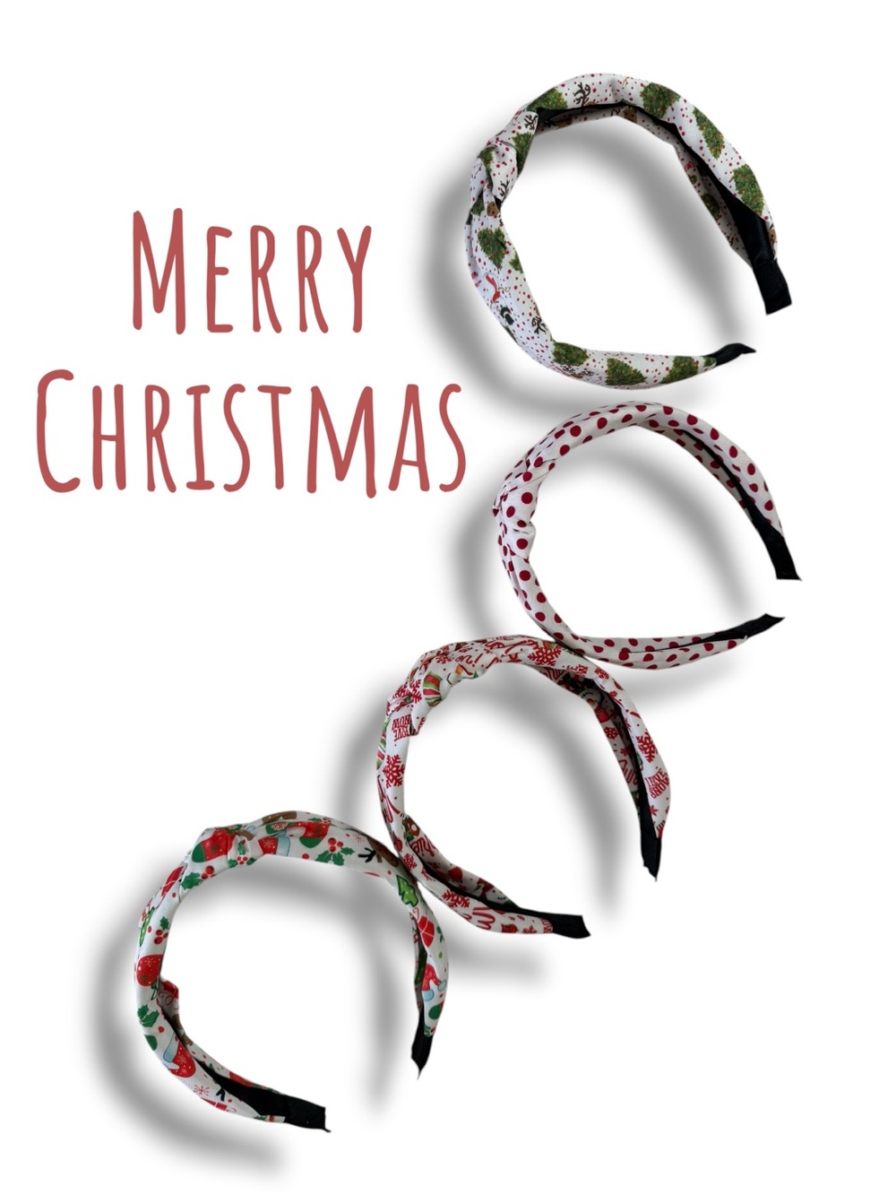 Holiday Printed Knotted Headbands - Set of 4 (Red, Green, White)